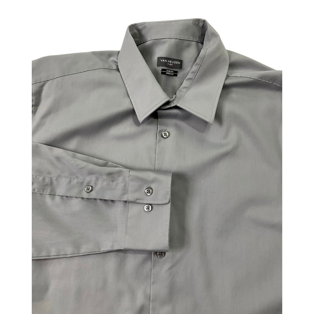 Van Heusen Flex Men Size 34/35 Slim Fit Stretch Gray Button Up Shirt (7-288)